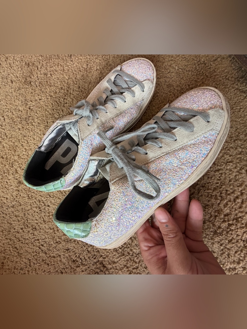 P448 John Women's Glitter Lace-Up Sneakers in Iridescent Silver and Mint size 37